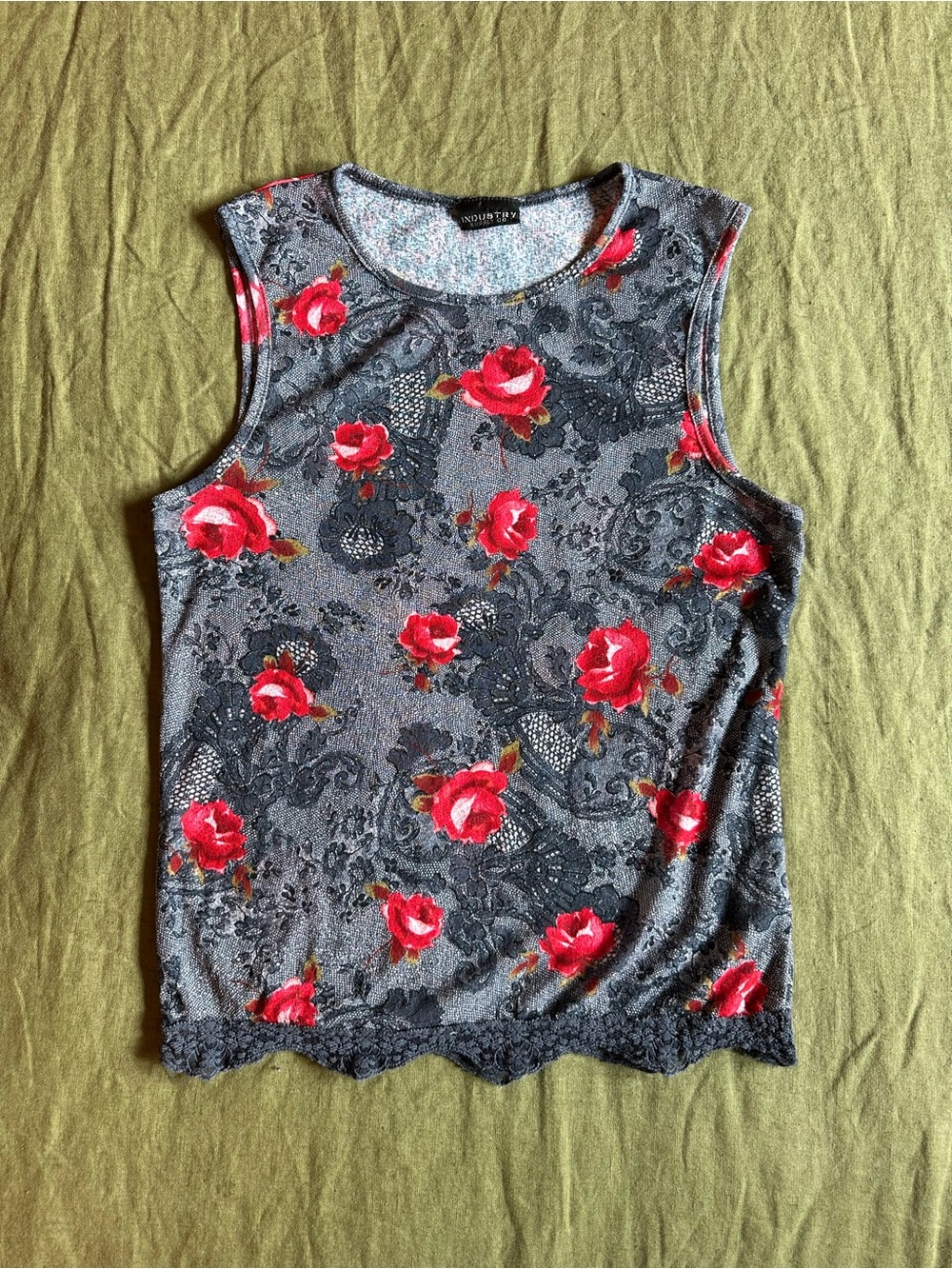 Vintage Gray Mesh Tank Top with Red Rose and Paisley Print
